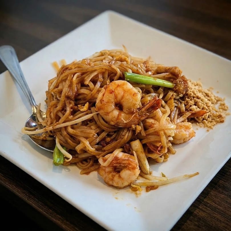 A white plate of Sri Thai Pad See Ew with shrimp, bean sprouts, and crushed peanuts.